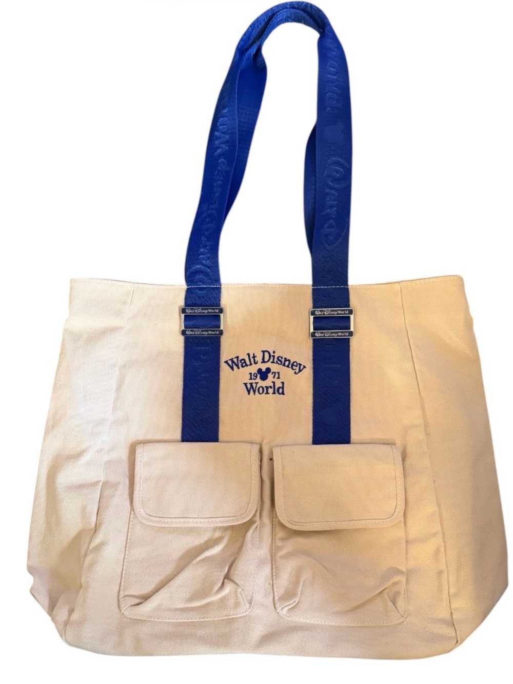 Walt Disney World 1971 Canvas Tote Bag Blue Mickey Adjustable Straps Pockets EUC